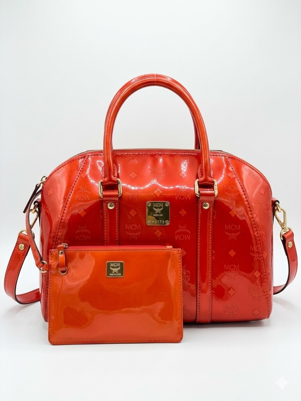 MCM Burnt Orange Patent Leather Dome Satchel with Wrist Pouch